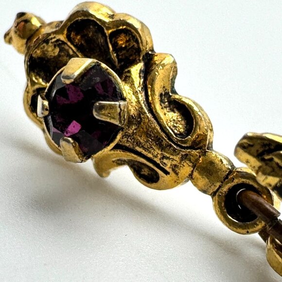 Avon Gold-Tone Dangle Drop Earrings Purple Rhinestones Grape Motif Vtg MCM - Picture 9 of 10